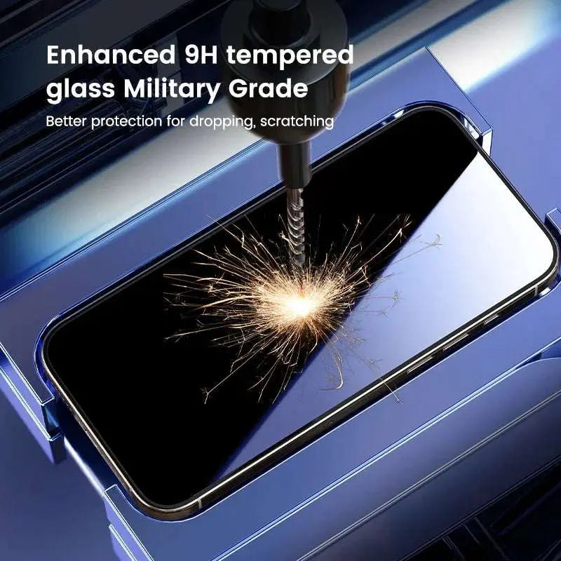 MOCOLL anti-scratch sapphire glass phone protector showing 9H tempered glass resisting drill sparks on phone screen