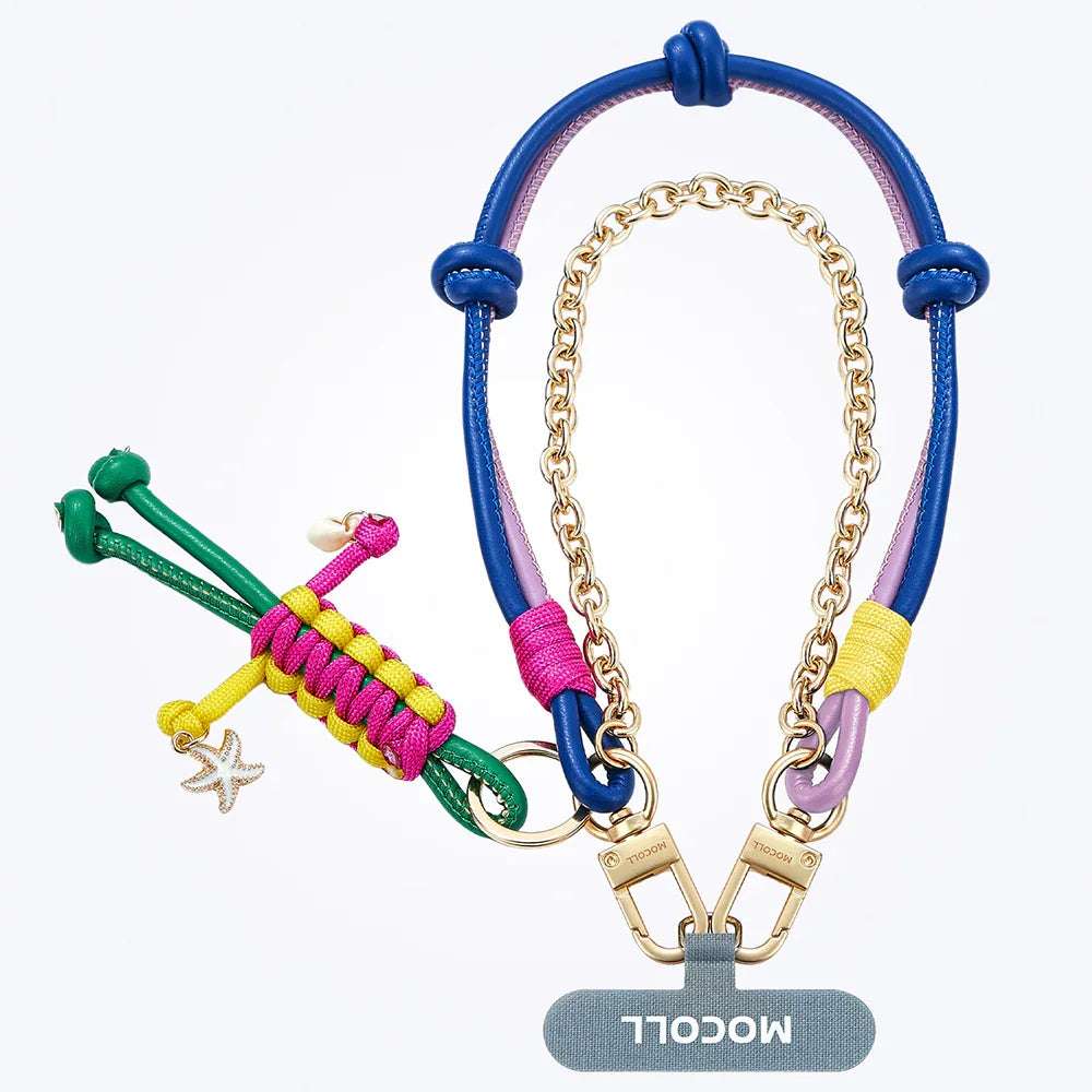 MOCOLL colorful phone lanyard accessory with blue, pink, yellow, and green cords and gold chain details