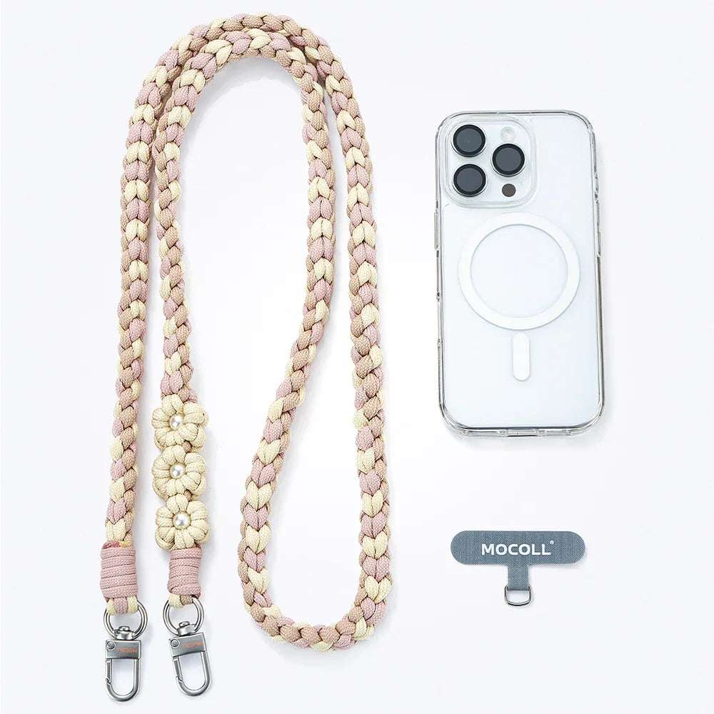 MOCOLL funny phone charm strap in pink and beige braided design with flower accents and metal clips