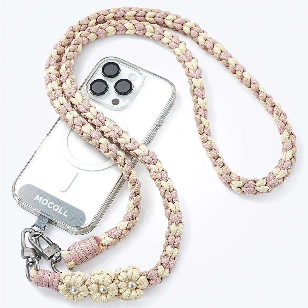 MOCOLL clear phone case with braided pink and beige funny phone charm strap featuring decorative flowers