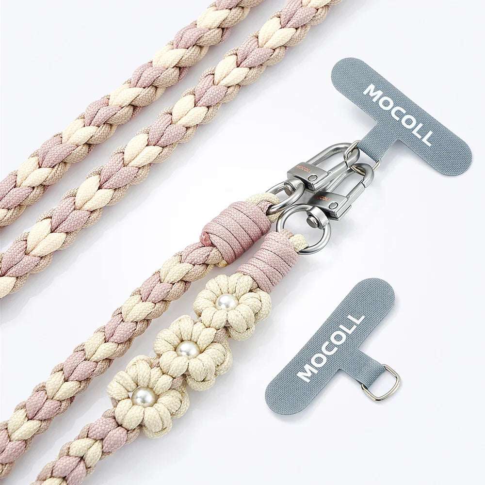MOCOLL funny phone charm strap with braided pastel pink and cream colors and flower details with pearl centers