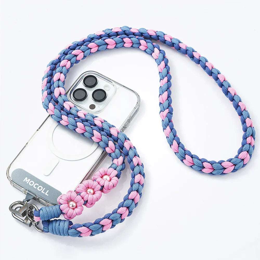MOCOLL funny phone charm strap braided blue and pink with flower decorations attached to clear phone case