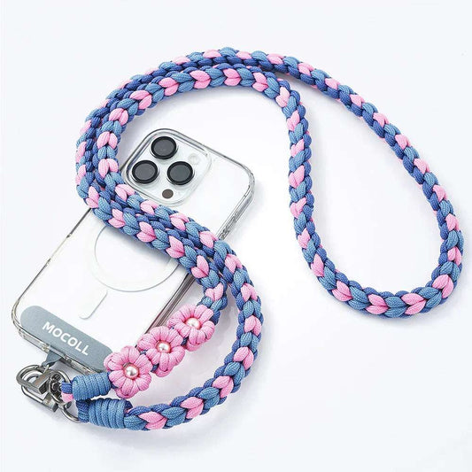 MOCOLL funny phone charm strap braided blue and pink with flower decorations attached to clear phone case