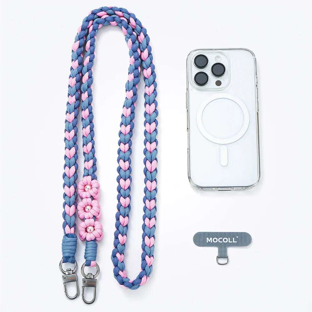 MOCOLL funny phone charm strap in blue and pink braided design with pink flower accents and metal clips