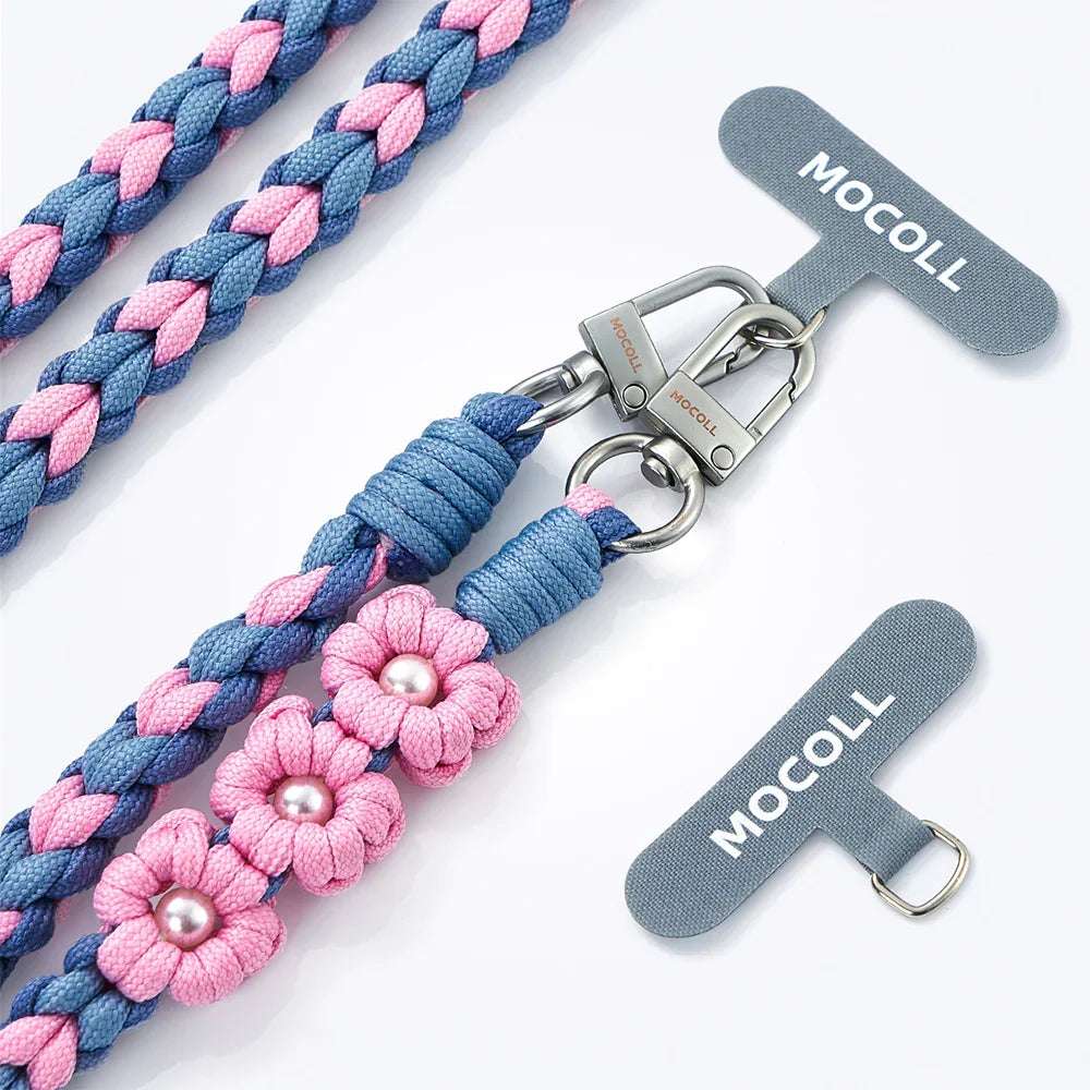 MOCOLL funny phone charm strap with pink flower decorations and blue and pink braided design