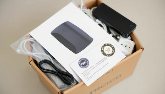 A delivery package with tech accessories and warranty card