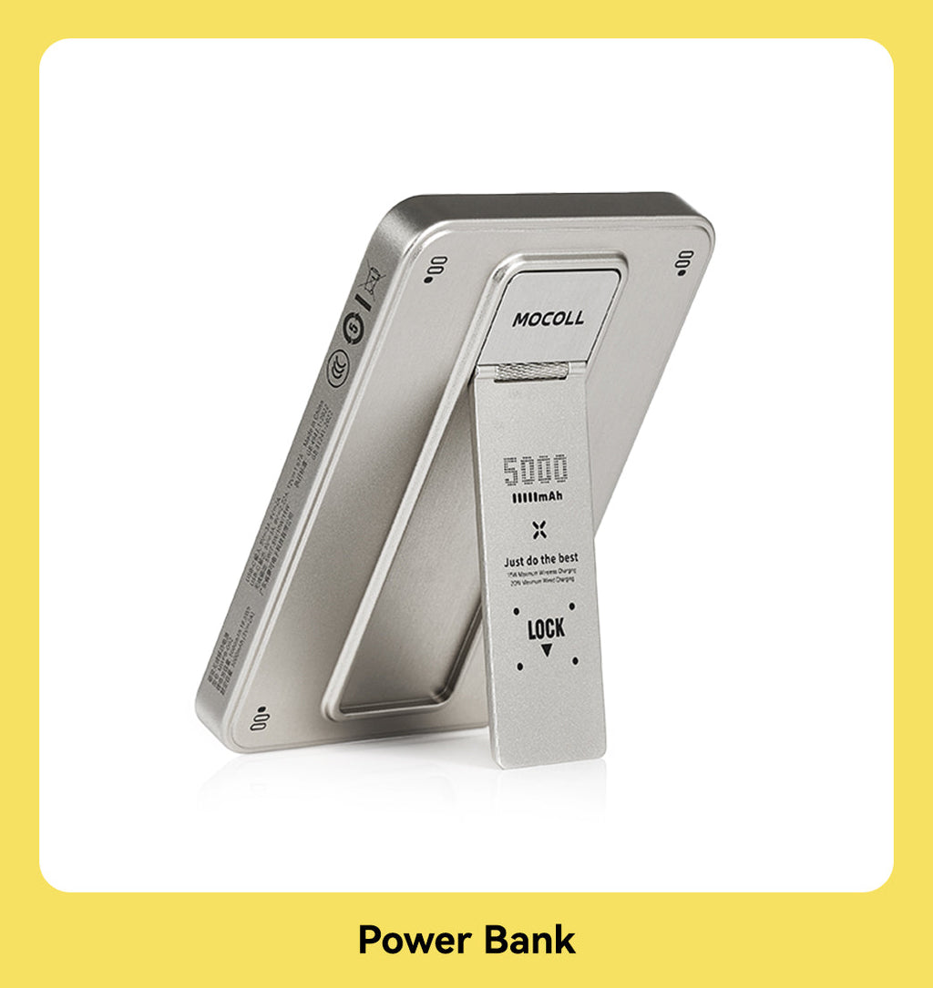Sleek fast charging power bank with digital display and wireless charging capability on a light background