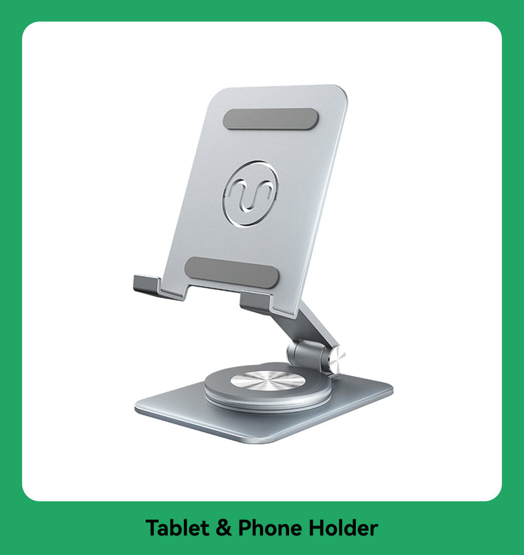 Adjustable tablet and phone stand in multiple positions made of metal with rubber grips