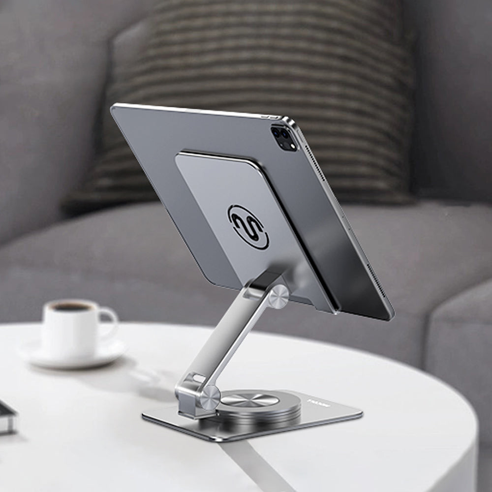 Adjustable tablet and phone stand in multiple positions made of metal with rubber grips