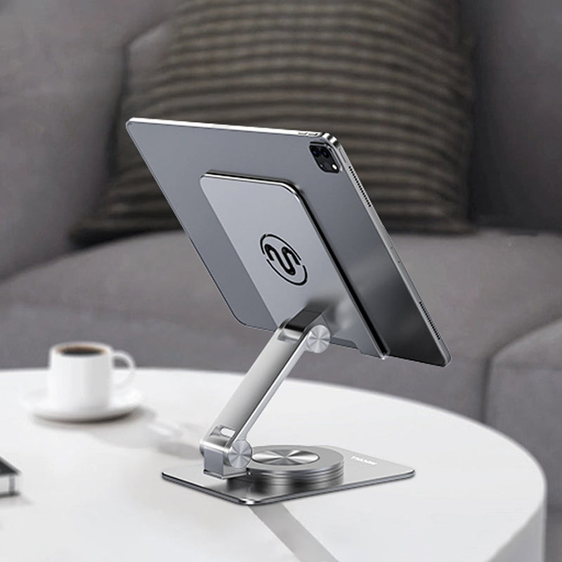 Adjustable tablet and phone stand in multiple positions made of metal with rubber grips