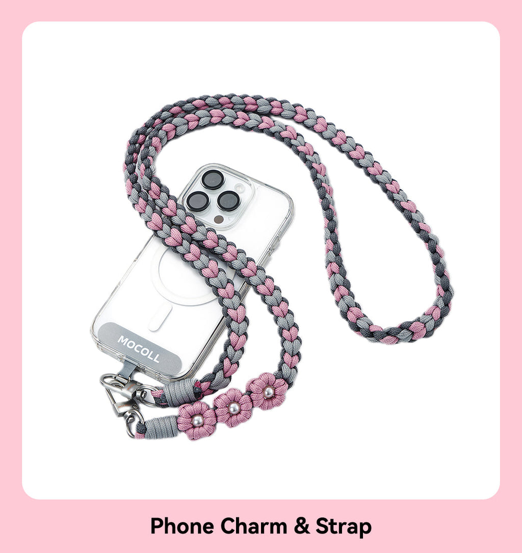 Colorful braided phone charm straps with metal clasps displayed on orange and beige background