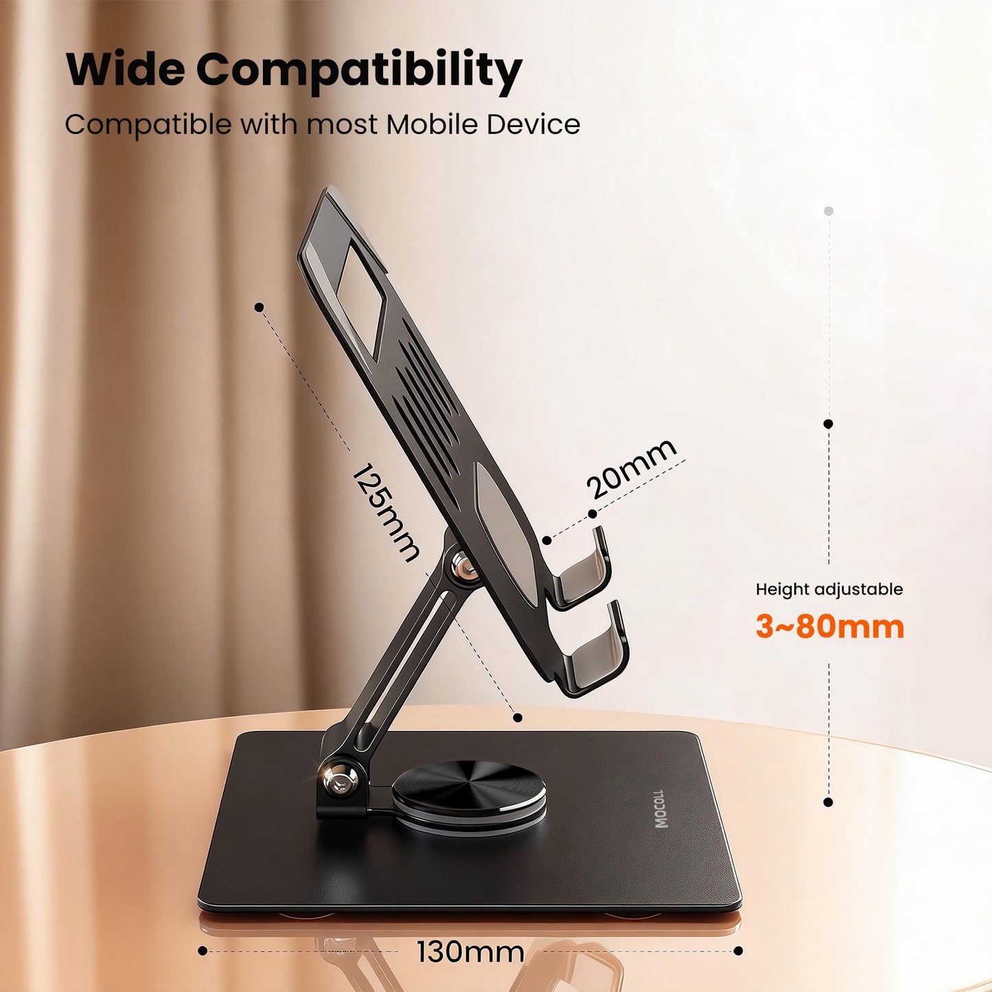 MOCOLL 360° Rotating Desk Stand – Durable Carbon Steel Phone & Tablet Holder with Stable Base