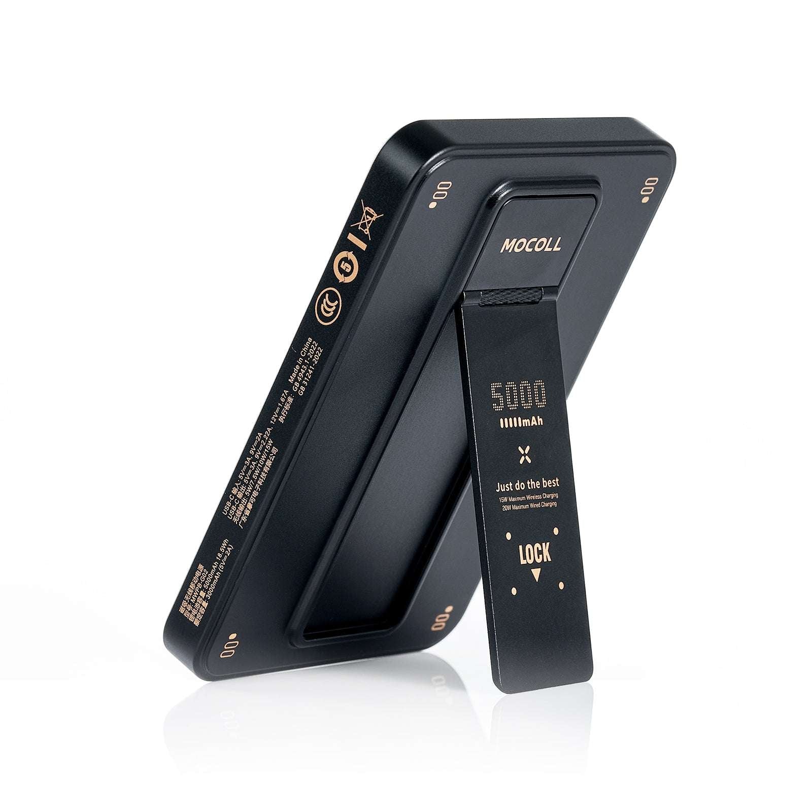 MOCOLL 20W portable power bank with 5000mAh capacity and built-in adjustable stand in black