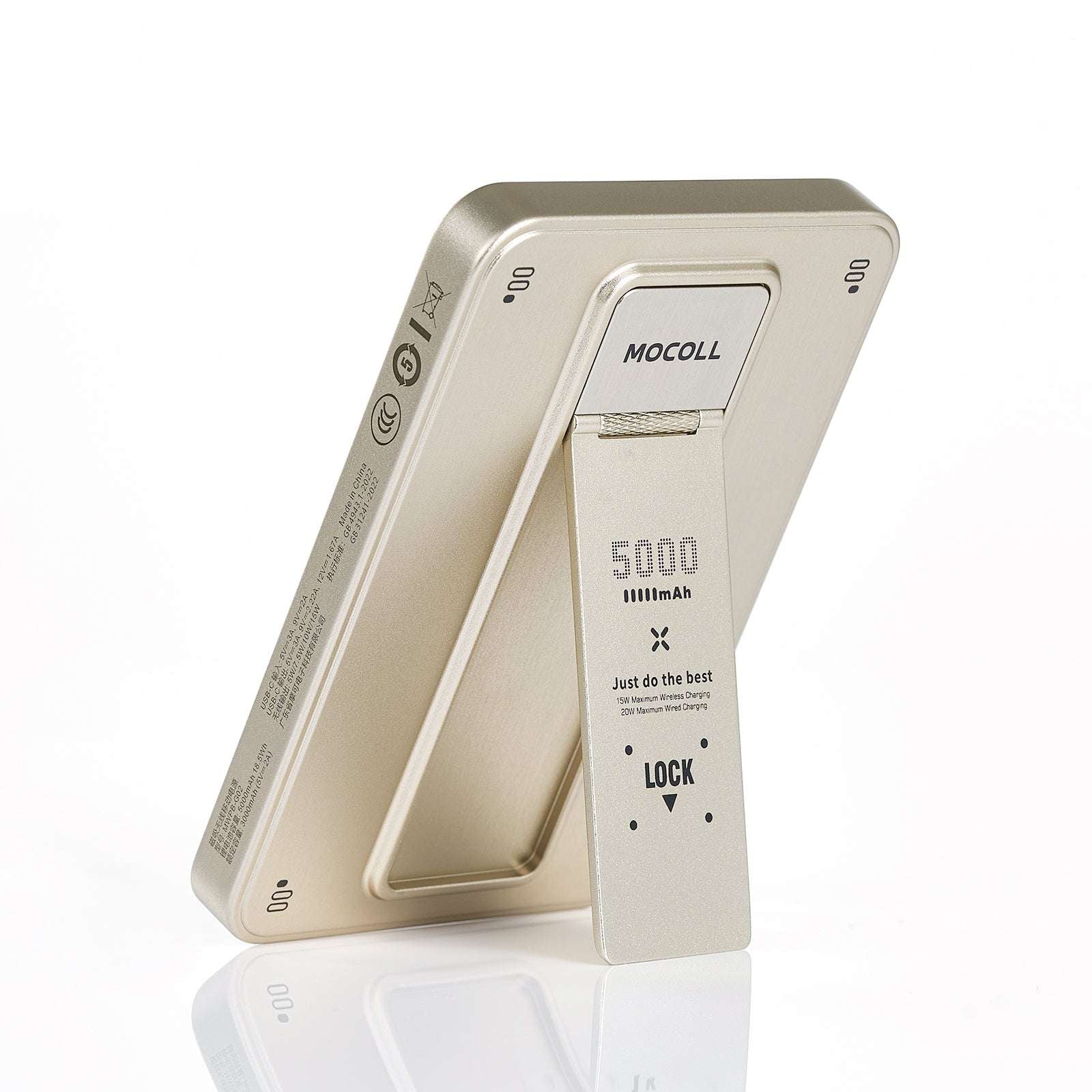 MOCOLL 20W portable power bank with 5000mAh capacity and built-in stand in gold color