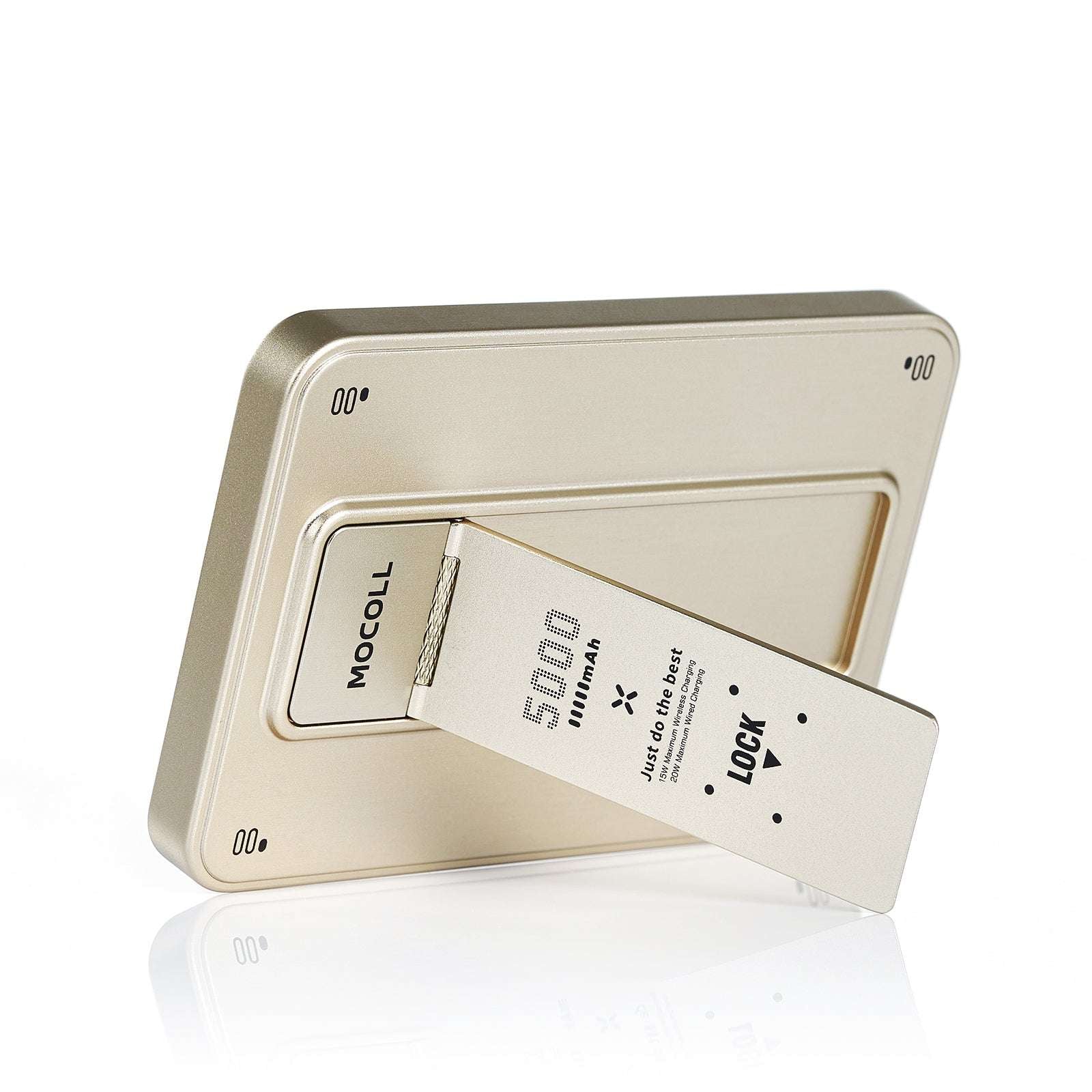 MOCOLL 20W portable power bank in gold with built-in stand and 5000mAh capacity
