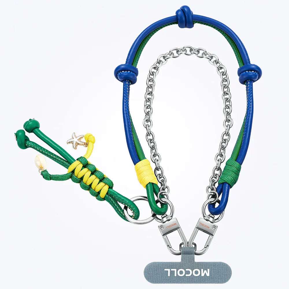 MOCOLL colorful phone lanyard accessory with blue, green, and yellow ropes and metal chain connectors