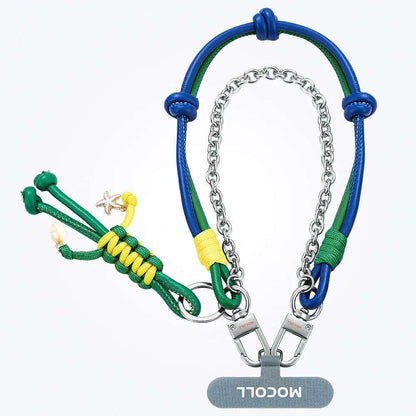 MOCOLL colorful phone lanyard accessory with blue, green, and yellow ropes and metal chain connectors
