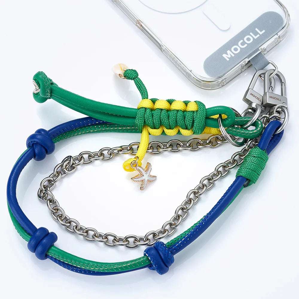 MOCOLL colorful phone lanyard accessory with green blue and yellow cords and silver chain attached to clear phone case