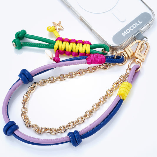 MOCOLL colorful phone lanyard accessory with purple, blue, green, and yellow straps and gold chain attached to clear phone case