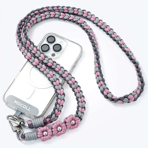 MOCOLL funny phone charm strap braided in gray and pink with decorative flowers attached to clear phone case