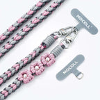 MOCOLL funny phone charm strap with gray and pink braided design and flower decorations