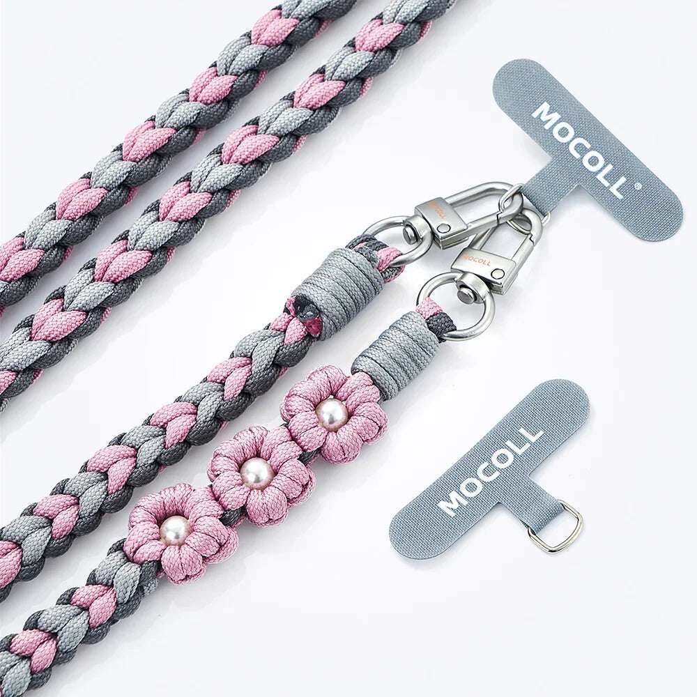 MOCOLL funny phone charm strap with gray and pink braided design and flower decorations