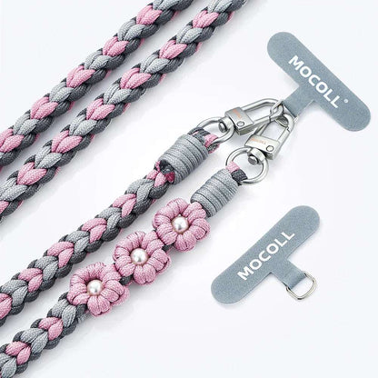 MOCOLL funny phone charm strap with gray and pink braided design and flower decorations