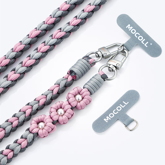 MOCOLL funny phone charm strap with gray and pink braided design and flower decorations
