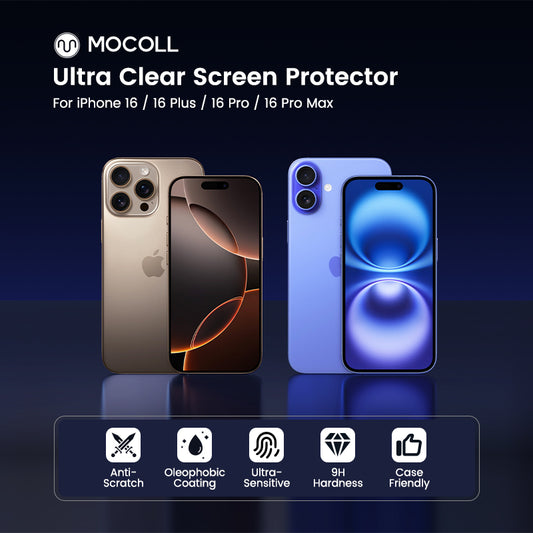 MOCOLL Magic Installer easy apply screen protector ultra clear for iPhone 16 series with anti-scratch and 9H hardness