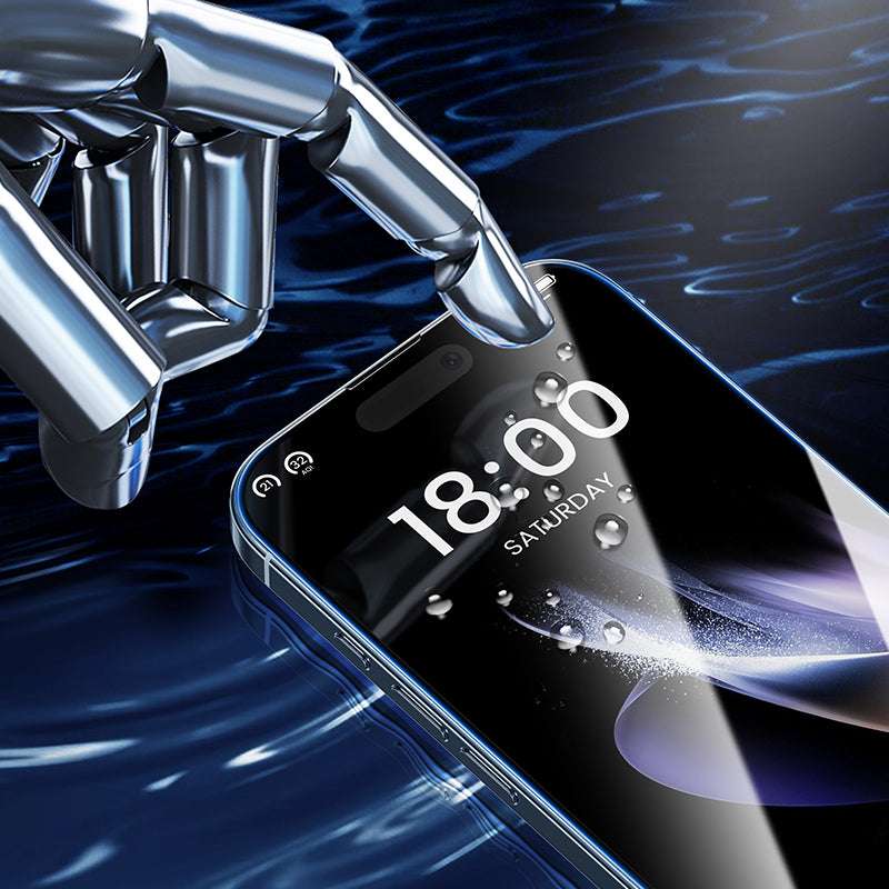 MOCOLL Magic Installer easy apply screen protector on smartphone with water droplets and robotic hand