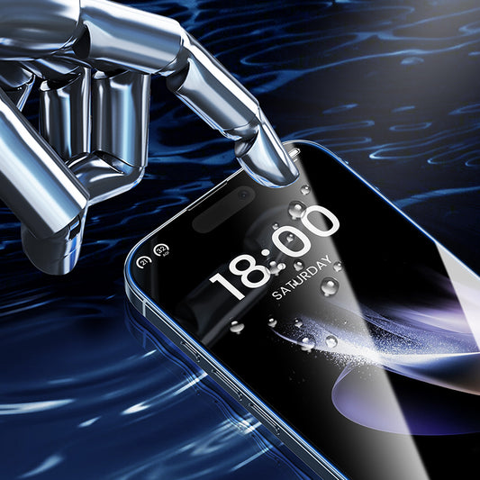 MOCOLL Magic Installer easy apply screen protector on smartphone with water droplets and robotic hand