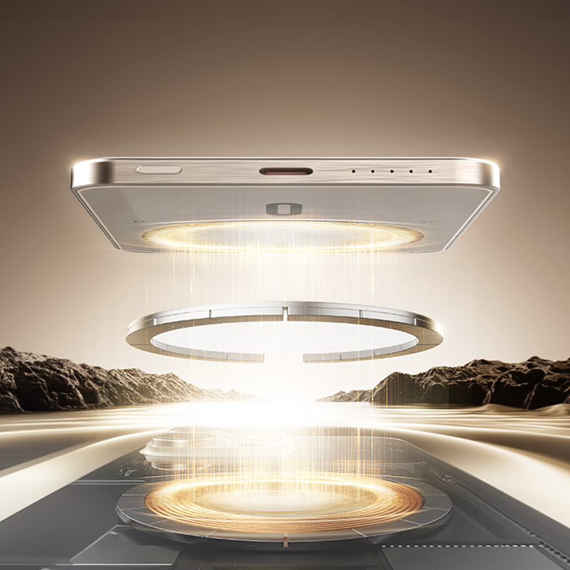 MOCOLL magnetic wireless power bank 20W showing wireless charging connection with phone