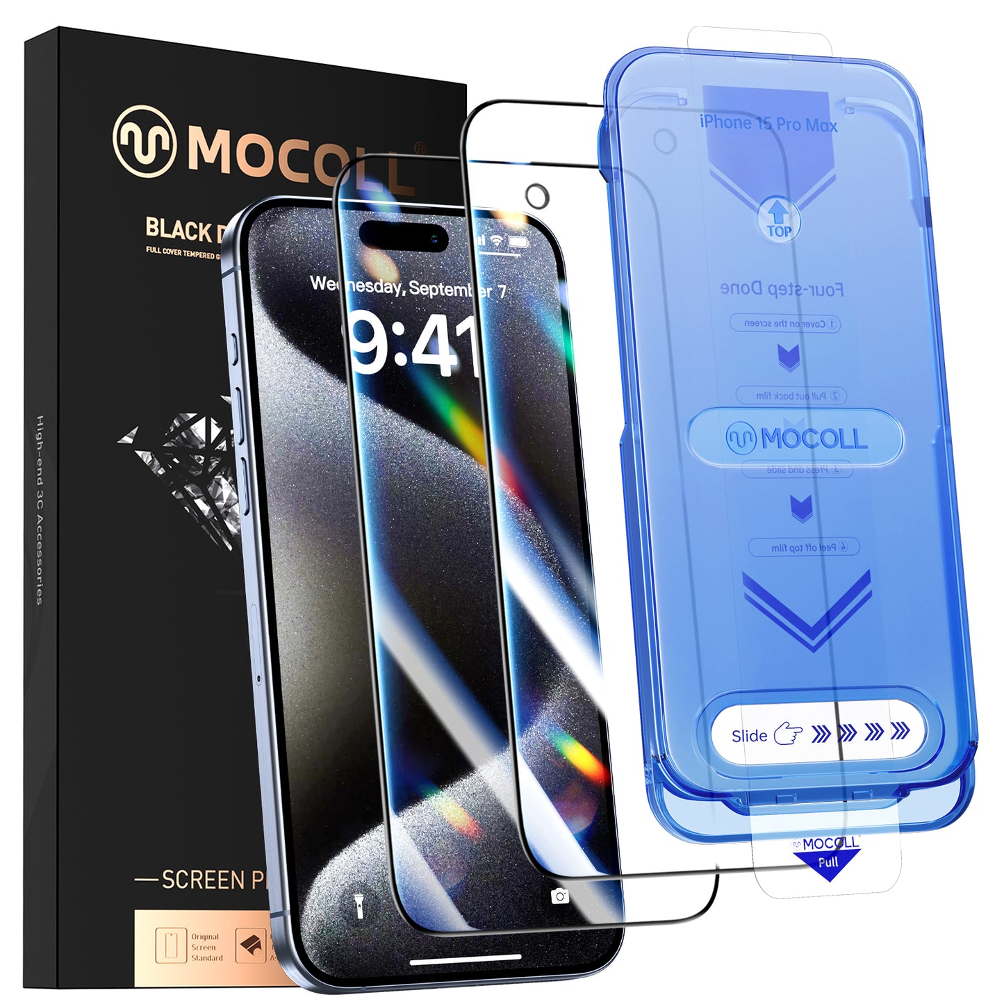 Full-screen tempered glass screen protector, colorless, anti-blue light (integrated dustproof mesh), quick-apply 2-pack.